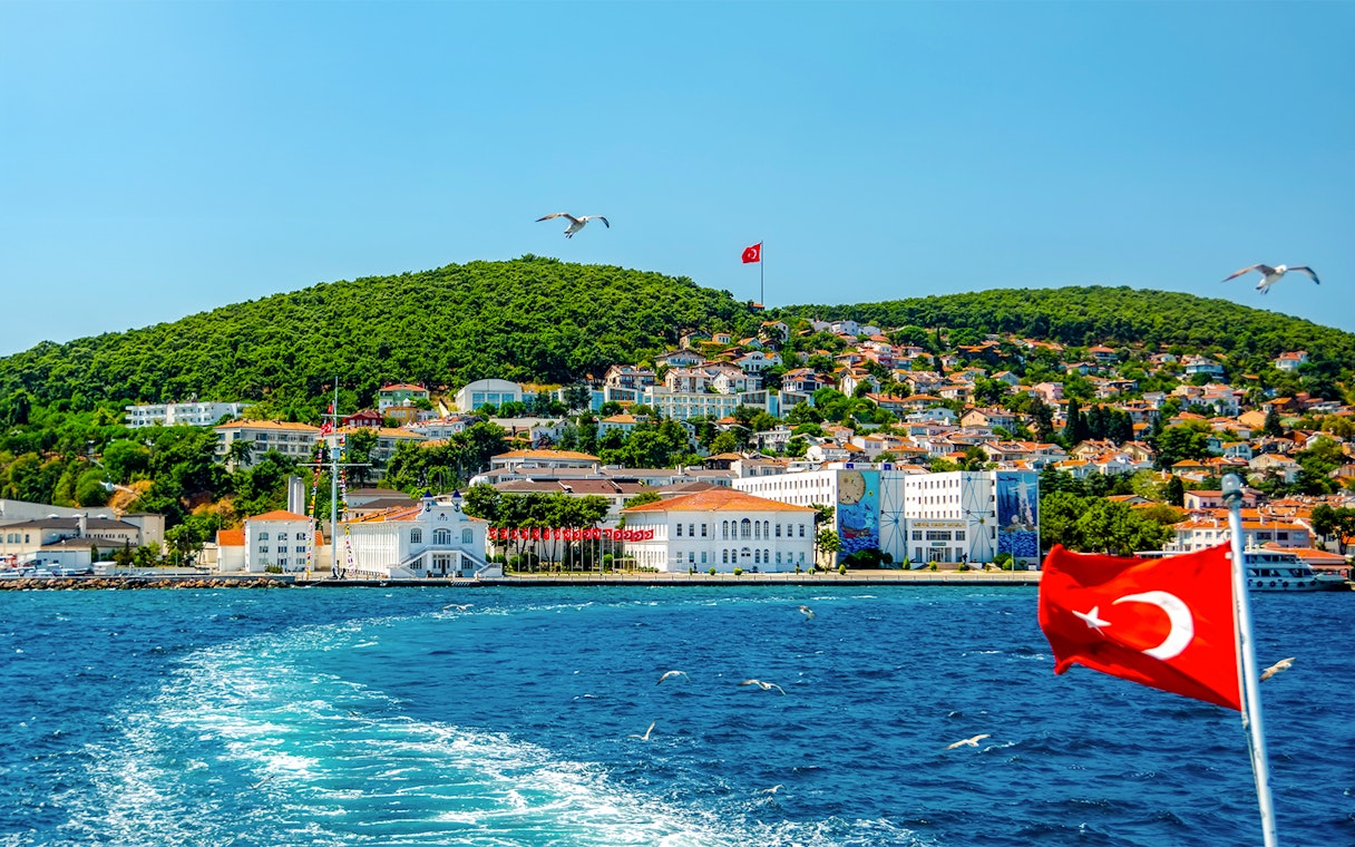 Buyukada Island view from cruise with Turkish flag, Istanbul.