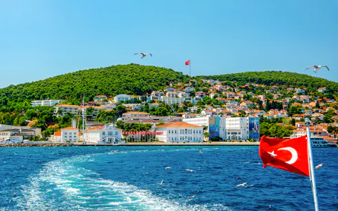 Buyukada Island view from cruise with Turkish flag, Istanbul.
