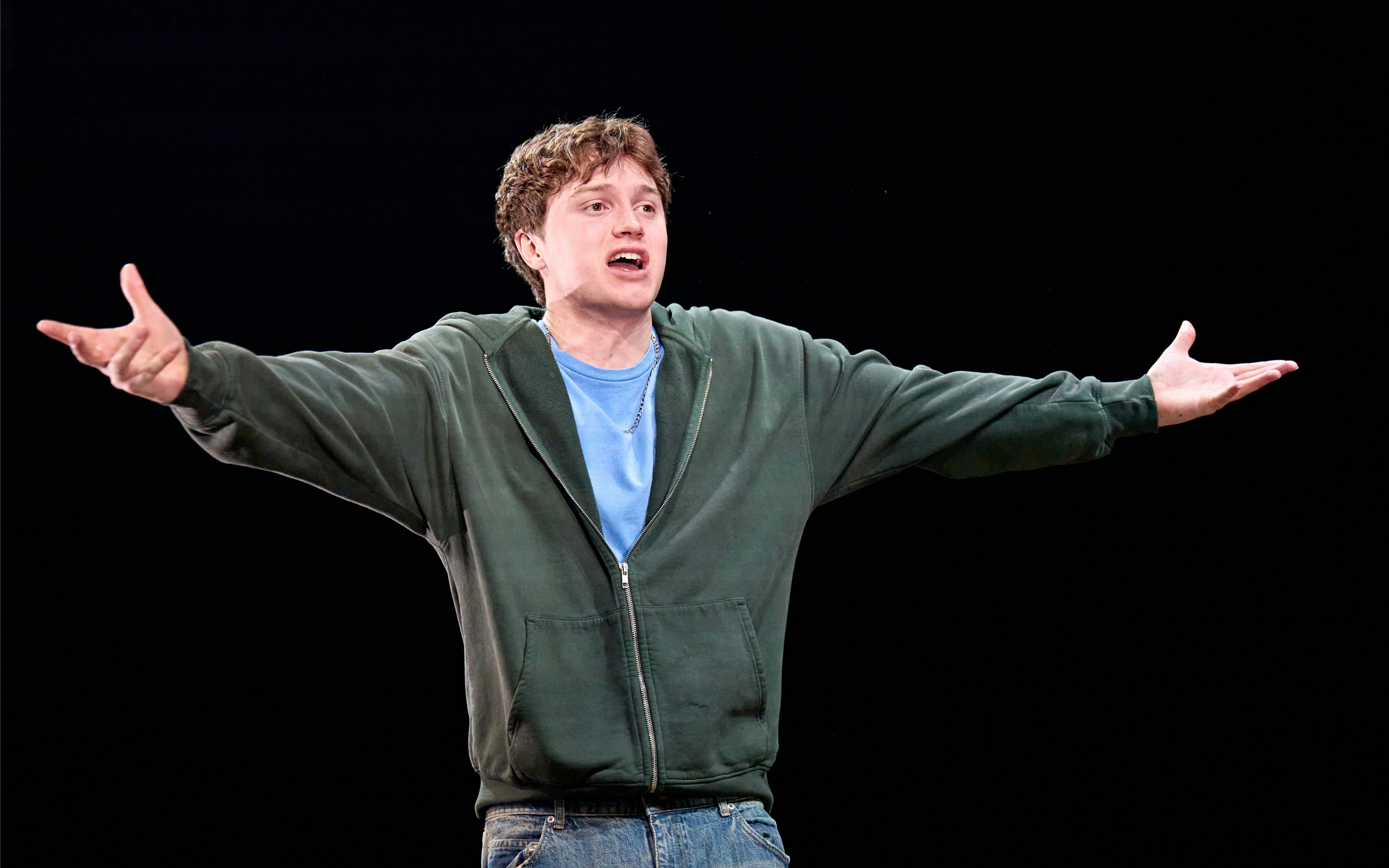 Actor performing on stage in "Inter Alia," West End.