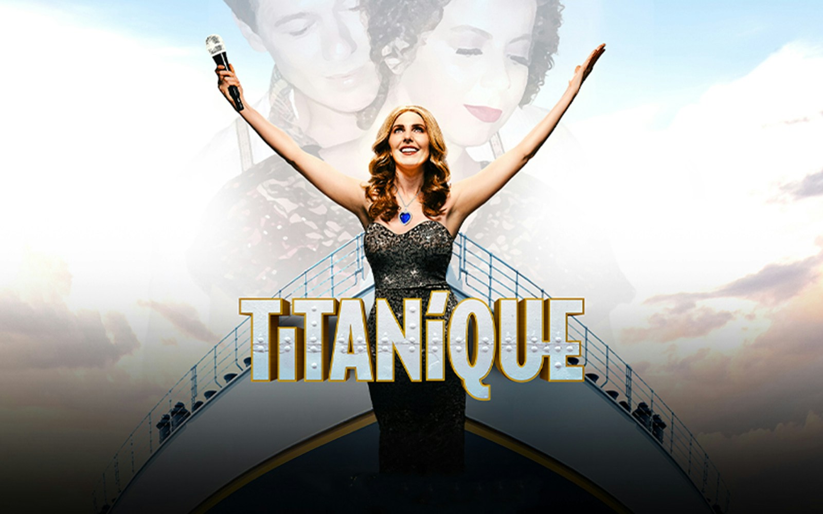 Performer on stage with arms raised, holding a microphone, with "Titanique" text.