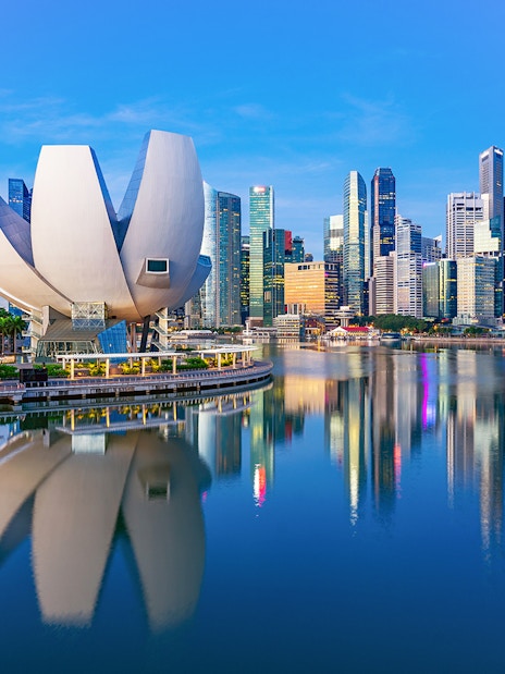 ArtScience Museum with futuristic design by Marina Bay, Singapore skyline in background.