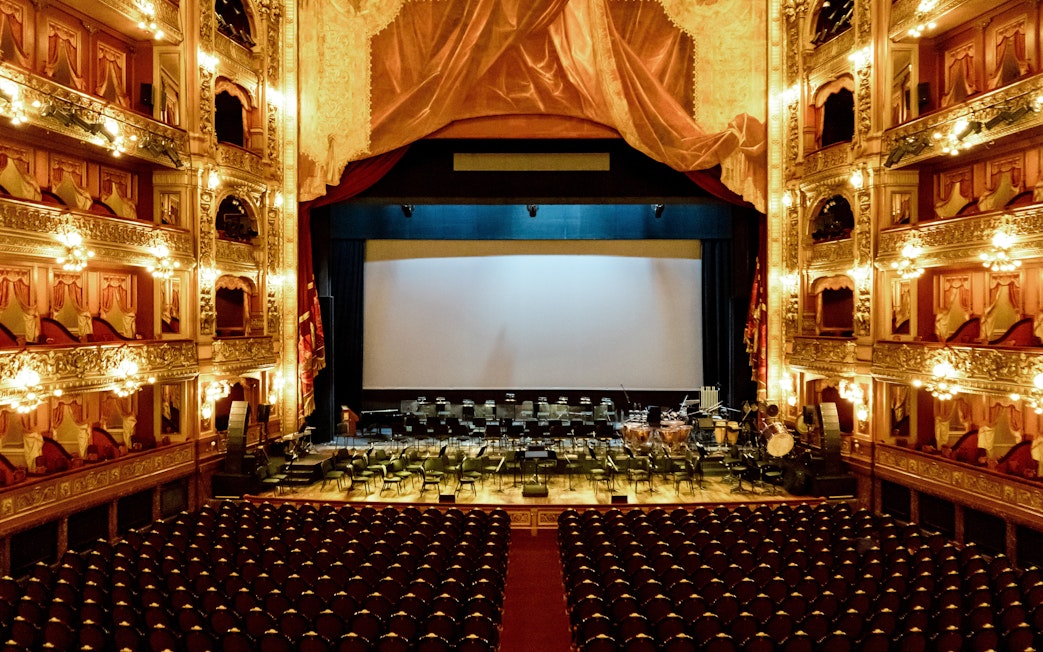 Teatro Colon stage view with ornate balconies, Buenos Aires, Argentina.