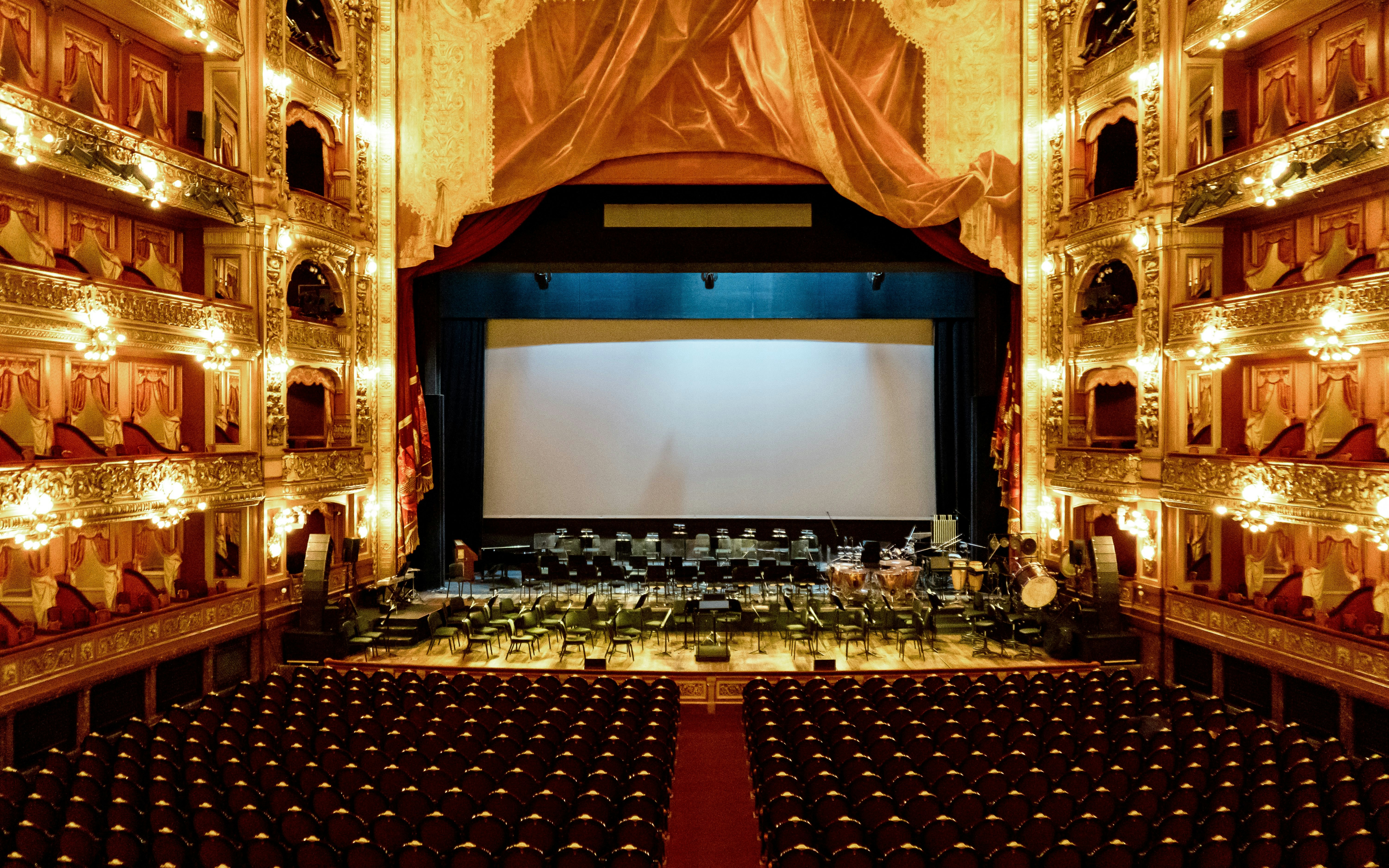 Teatro Colon stage view with ornate balconies, Buenos Aires, Argentina.