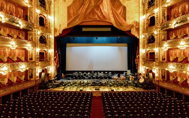 Teatro Colon stage view with ornate balconies, Buenos Aires, Argentina.