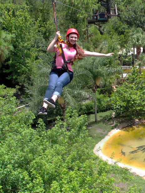 Ziplining over alligator pond at Gatorland, Florida.