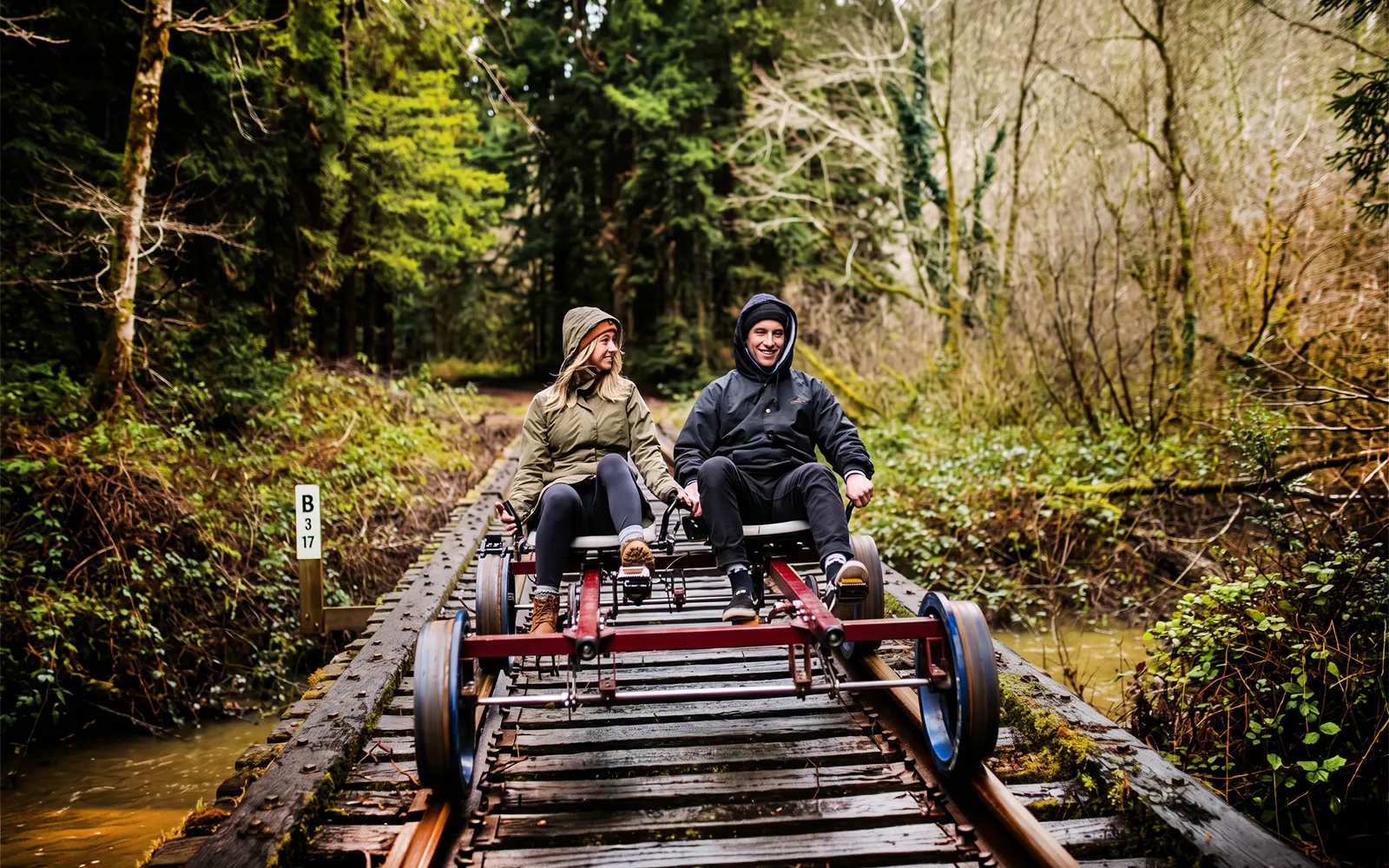 Guests riding rail bike through redwoods in San Francisco.