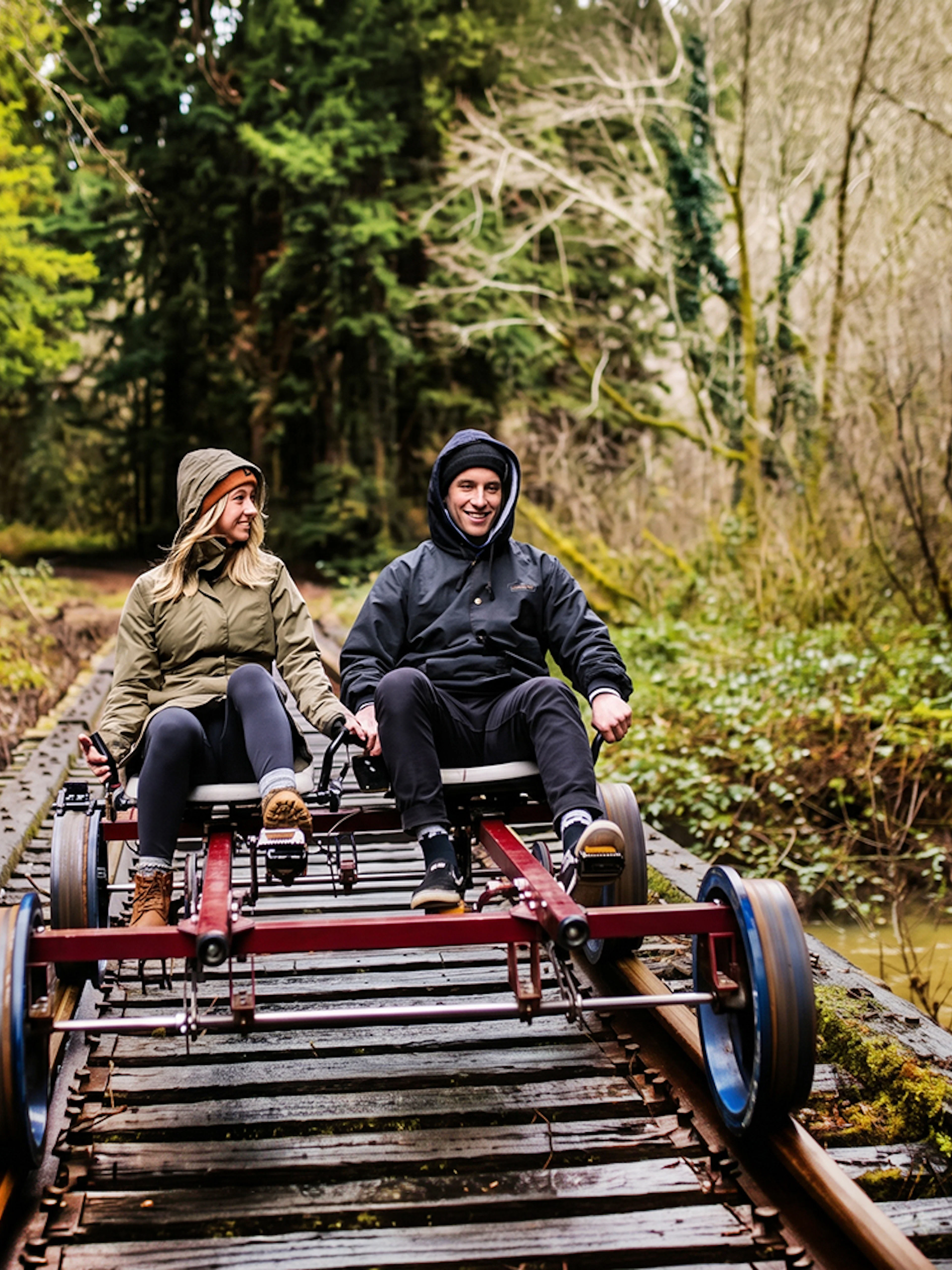 Guests riding rail bike through redwoods in San Francisco.