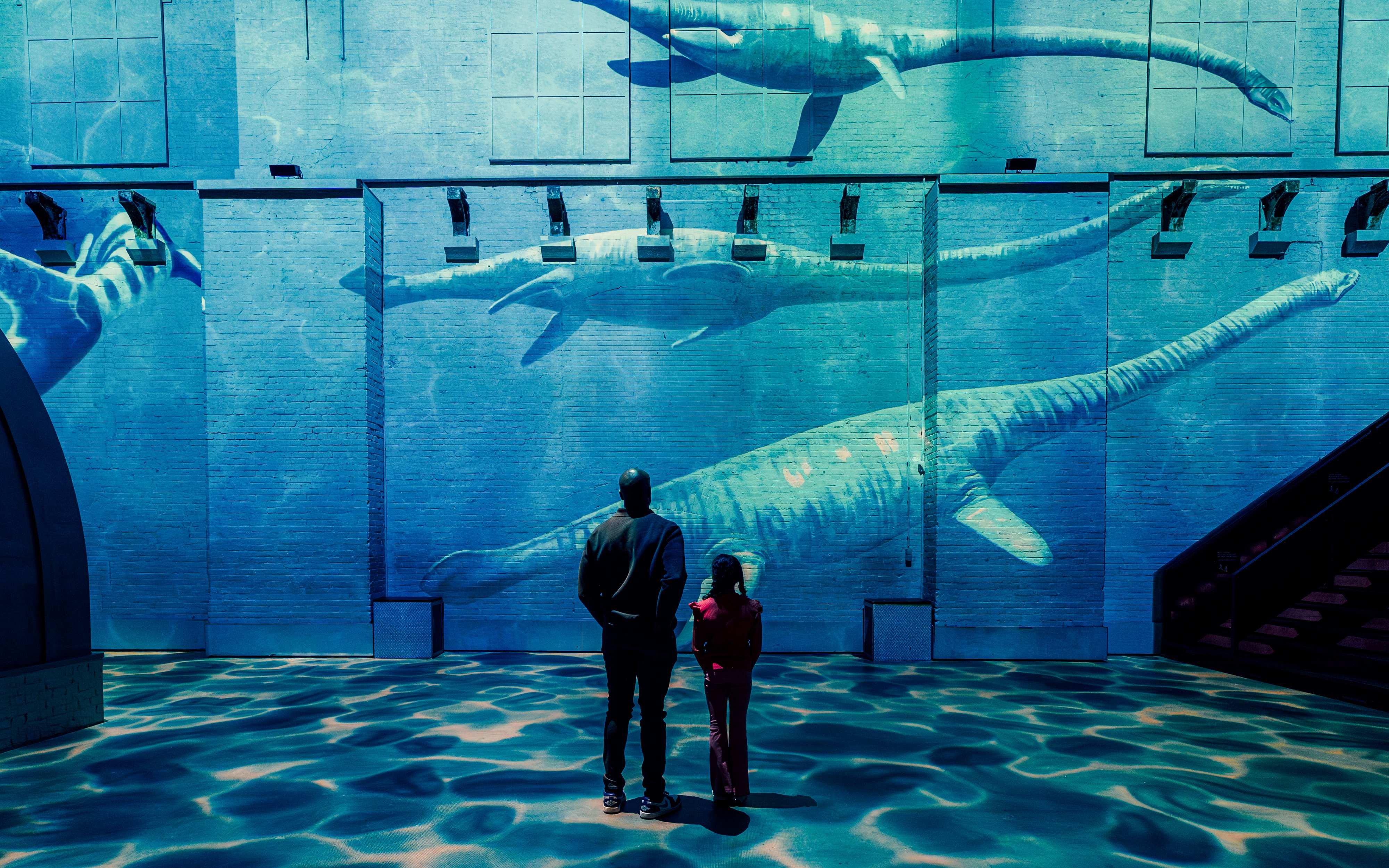 Visitors observing dinosaur projections at Prehistoric Planet: Dinosaurs – The Immersive Experience.