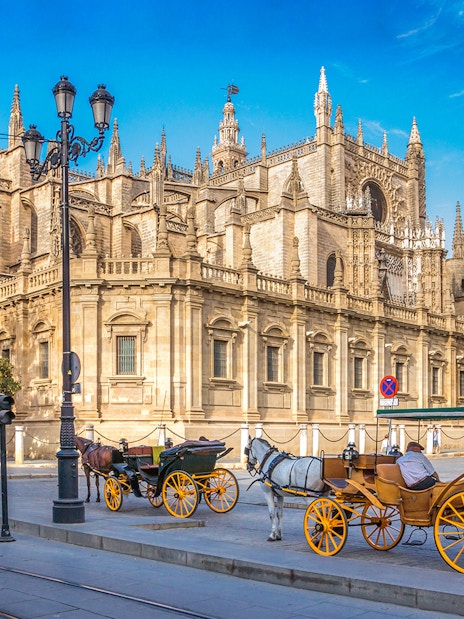 Horse-drawn carriages in front of Seville Cathedral, Spain.