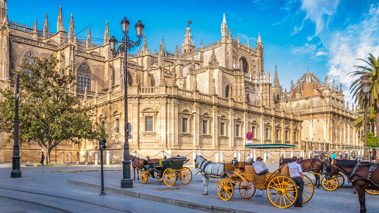 Horse-drawn carriages in front of Seville Cathedral, Spain.