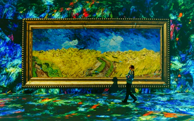 Interactive Van Gogh exhibit in Madeira, featuring "Wheatfield with Crows" painting.