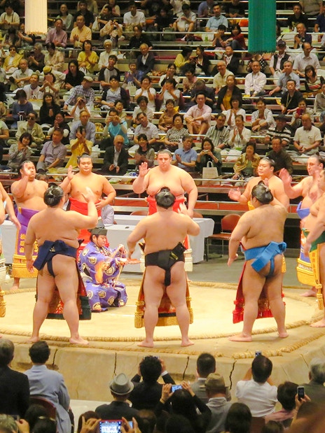 Sumo wrestlers in a ring with a large crowd watching in Tokyo.