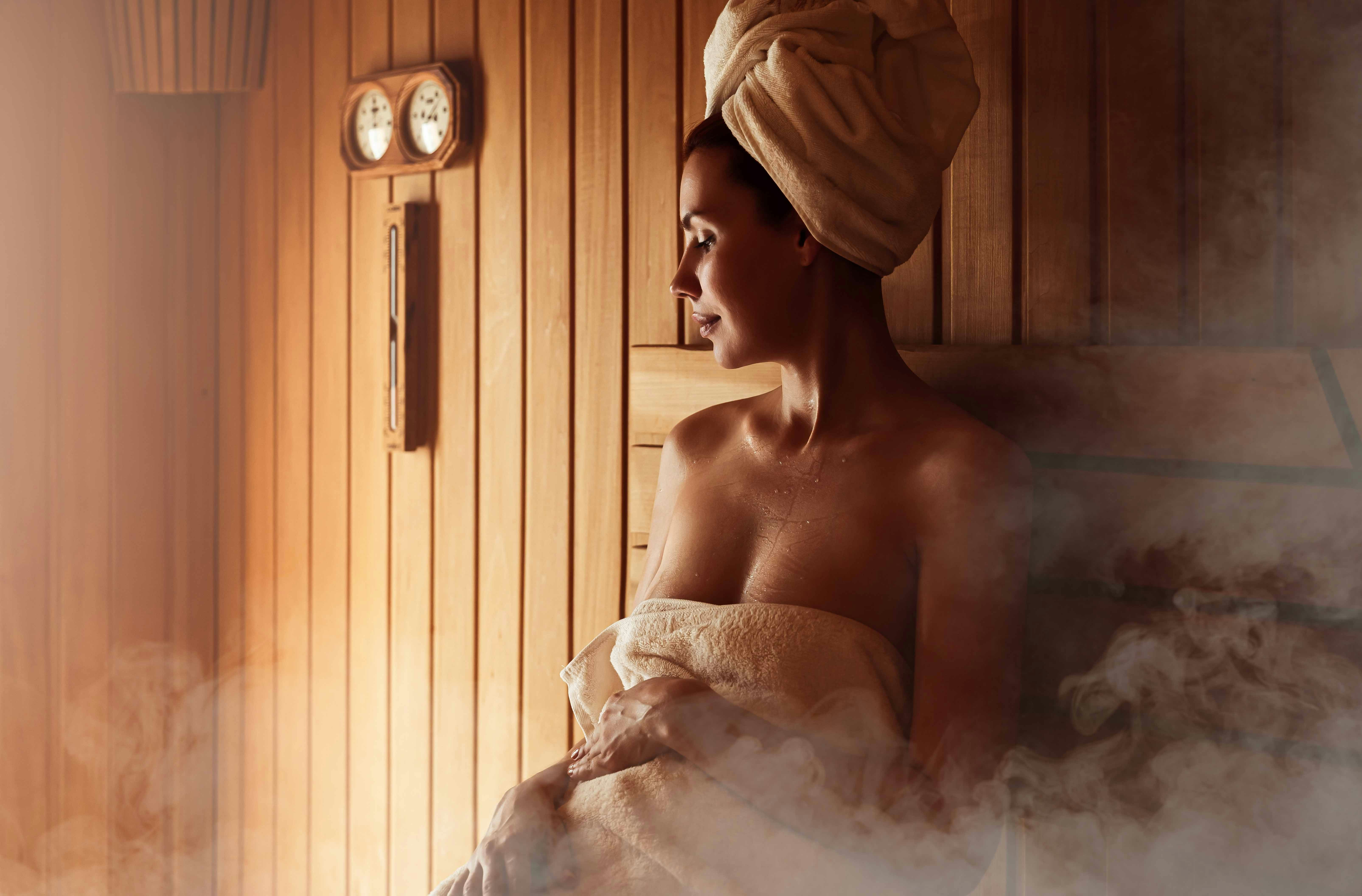 Person relaxing in a sauna at Szechenyi Thermal Spa, Budapest.