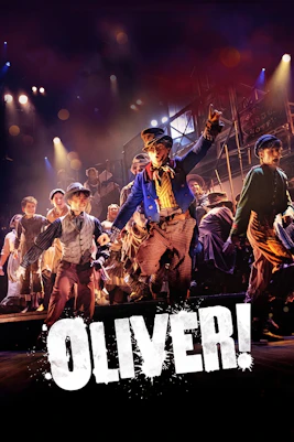 Cast performing on stage in Oliver! musical show poster.