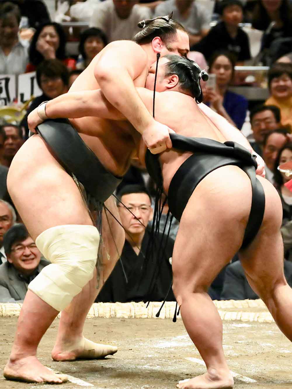 Sumo wrestlers competing in a match in Nagoya arena.