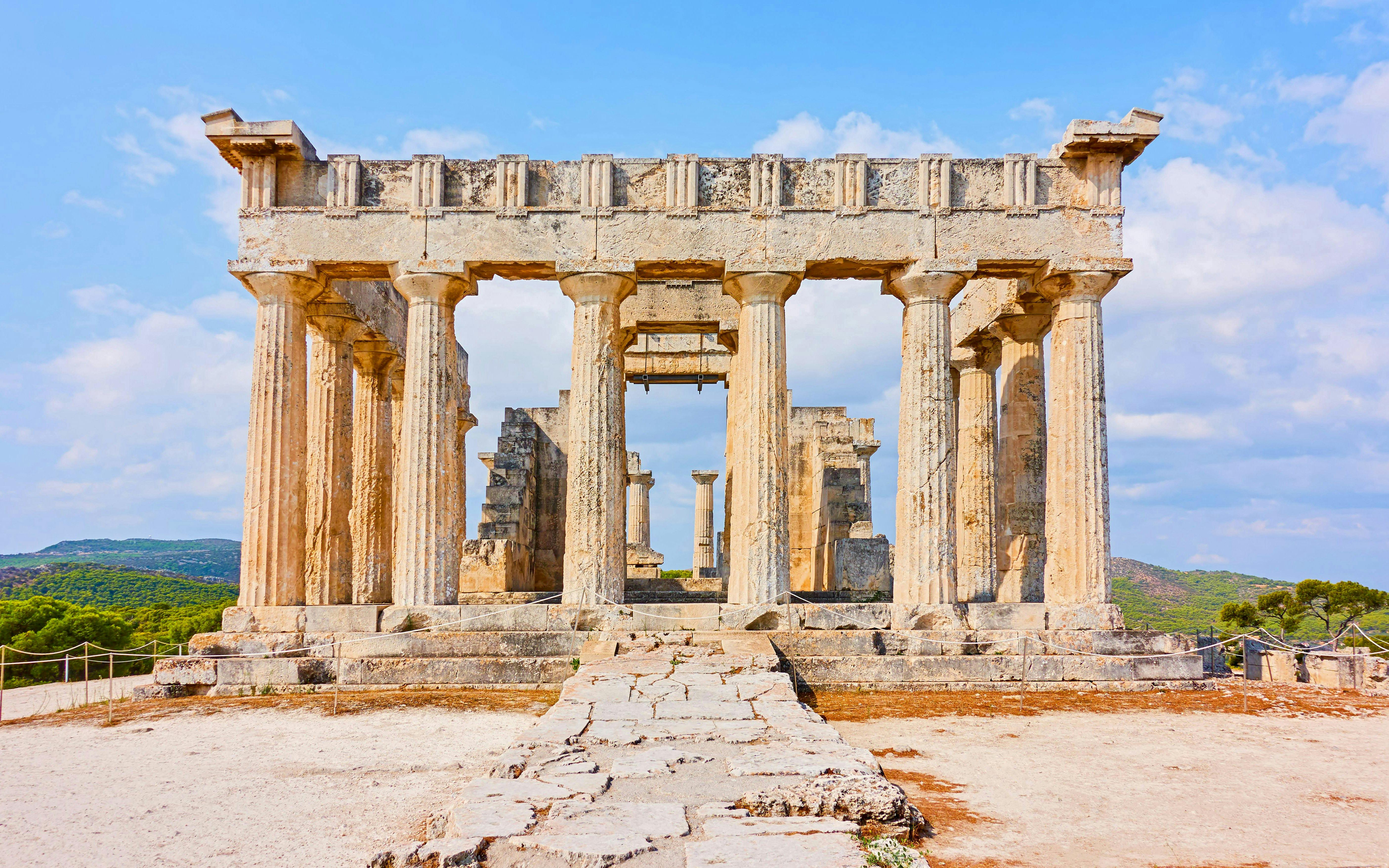 Temple of Aphaea ruins with columns on Aegina island, Greece.