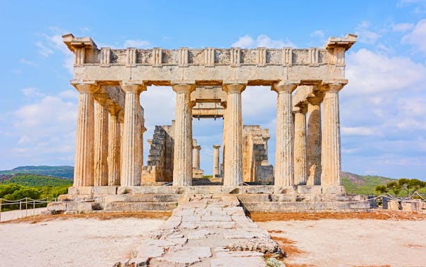 Temple of Aphaea ruins with columns on Aegina island, Greece.
