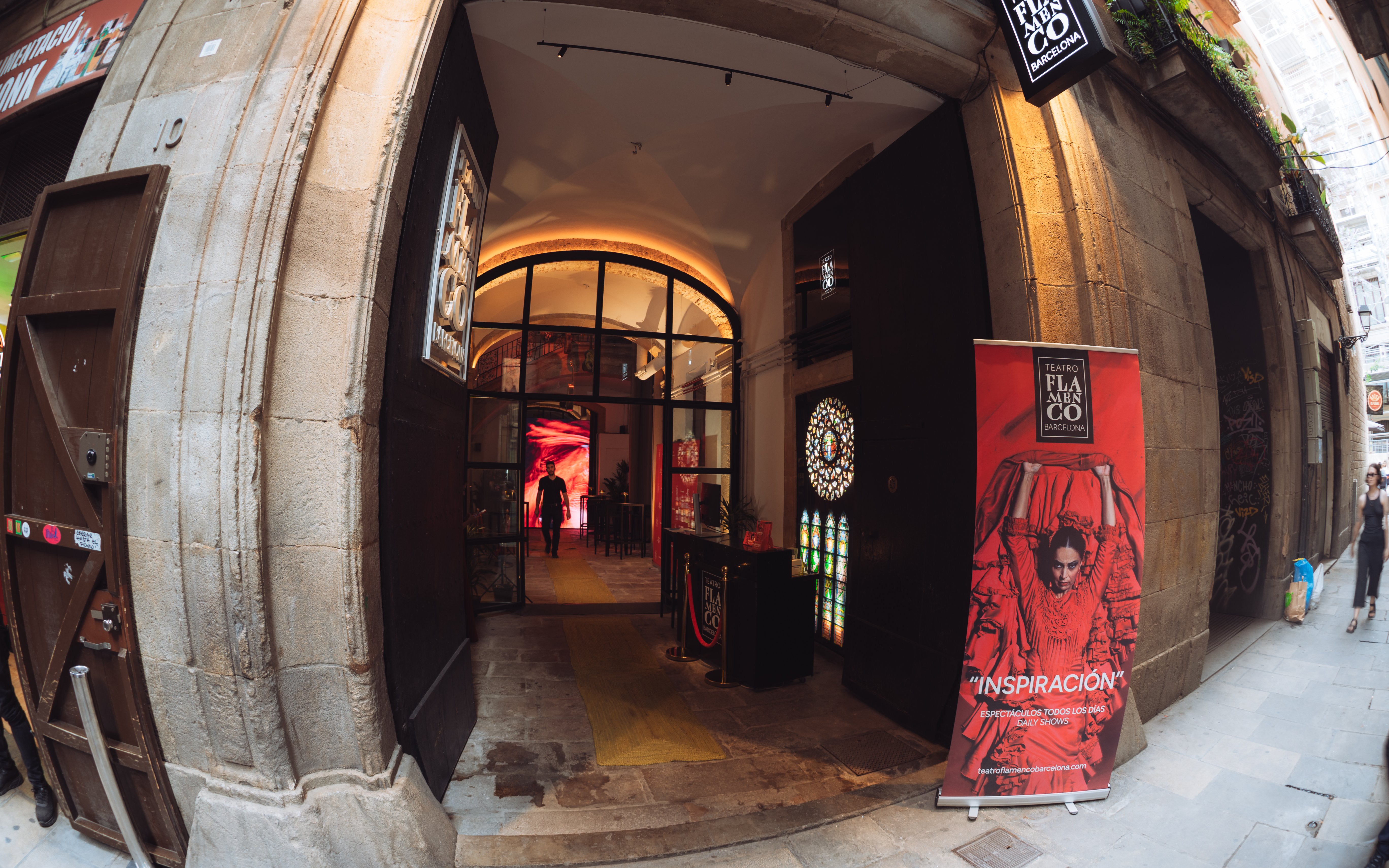 Entrance to Teatro Flamenco Barcelona with a poster advertising "Inspiración" show.