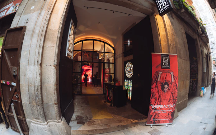 Entrance to Teatro Flamenco Barcelona with a poster advertising "Inspiración" show.