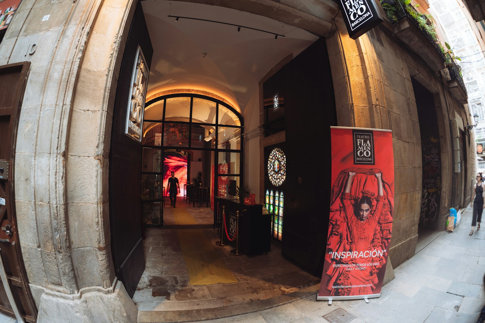 Entrance to Teatro Flamenco Barcelona with a poster advertising "Inspiración" show.