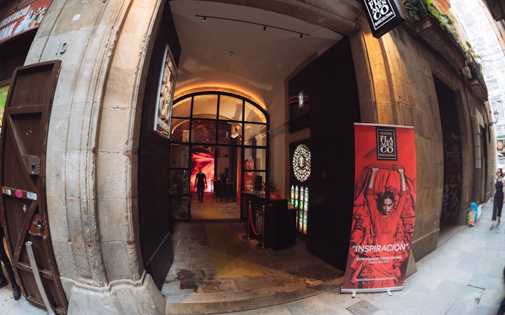 Entrance to Teatro Flamenco Barcelona with a poster advertising "Inspiración" show.