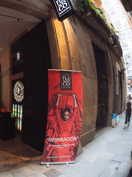 Entrance to Teatro Flamenco Barcelona with a poster advertising "Inspiración" show.