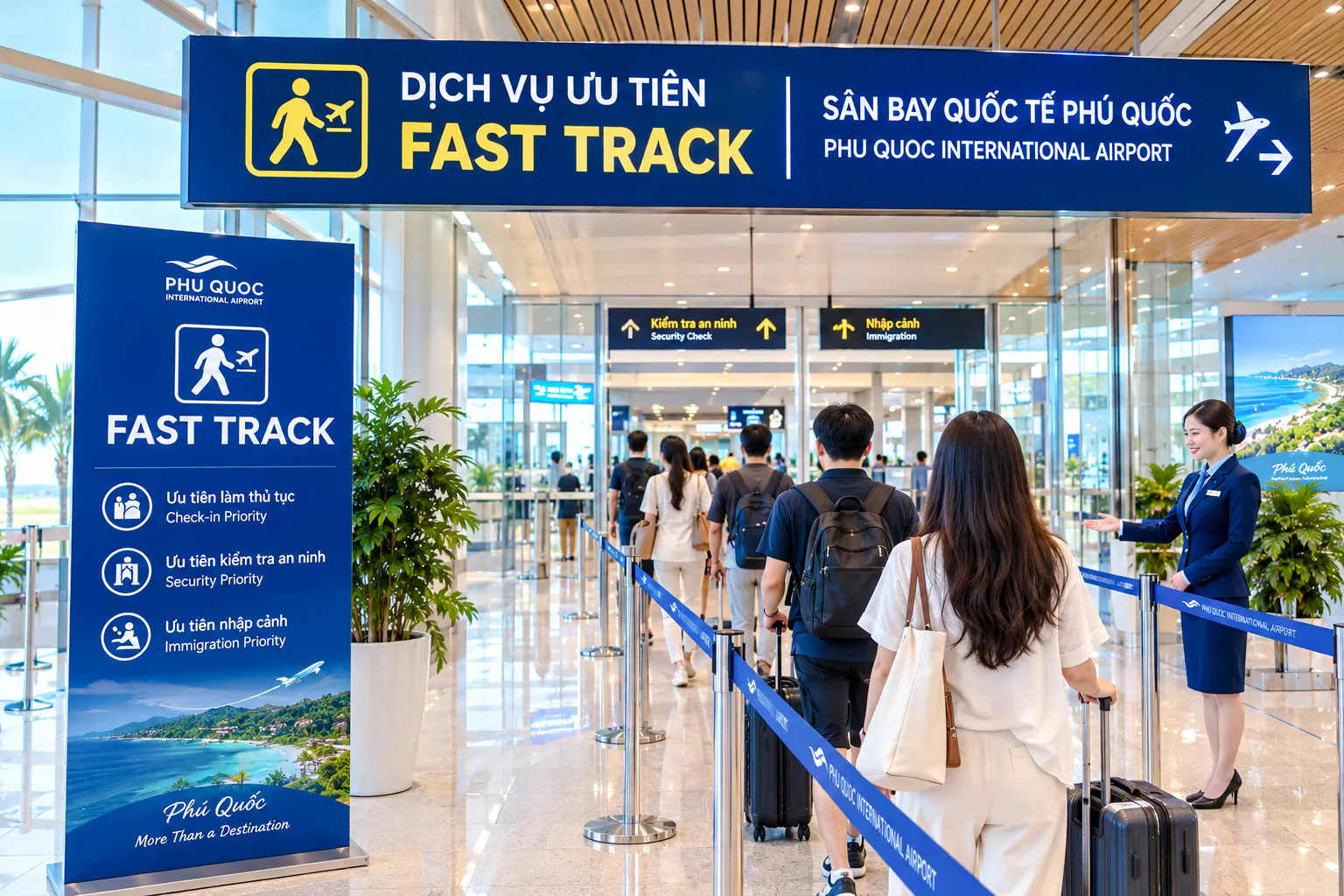 Fast track service at Phu Quoc International Airport with passengers in line for security and immigration.