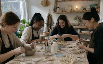 Participants sculpting clay at a Krakow workshop, surrounded by pottery tools and creations.