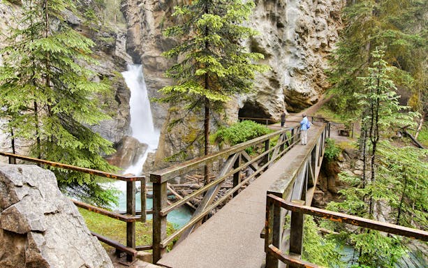 Bridge leading to Johnston Canyon falls in Banff National Park, Canada, surrounded by trees and rocky cliffs.