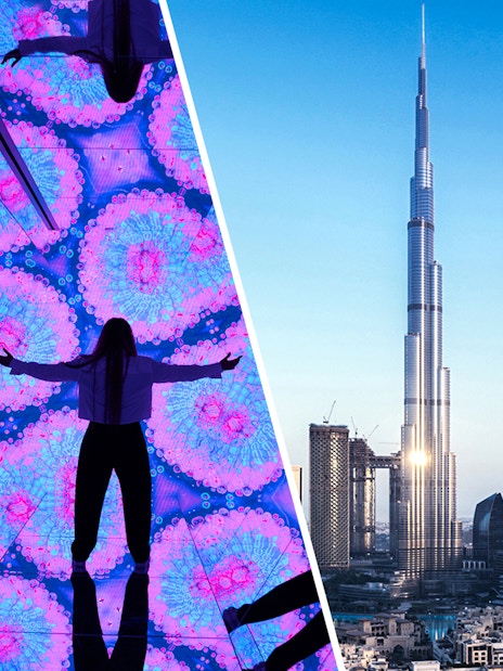 House of Hype kaleidoscope display and Burj Khalifa view, Dubai tour combo.