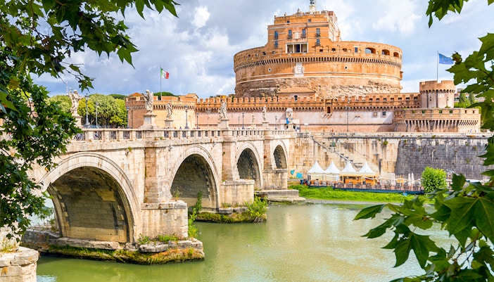 Castel Sant'Angelo and Ponte Sant'Angelo over the Tiber River in Rome, Italy.