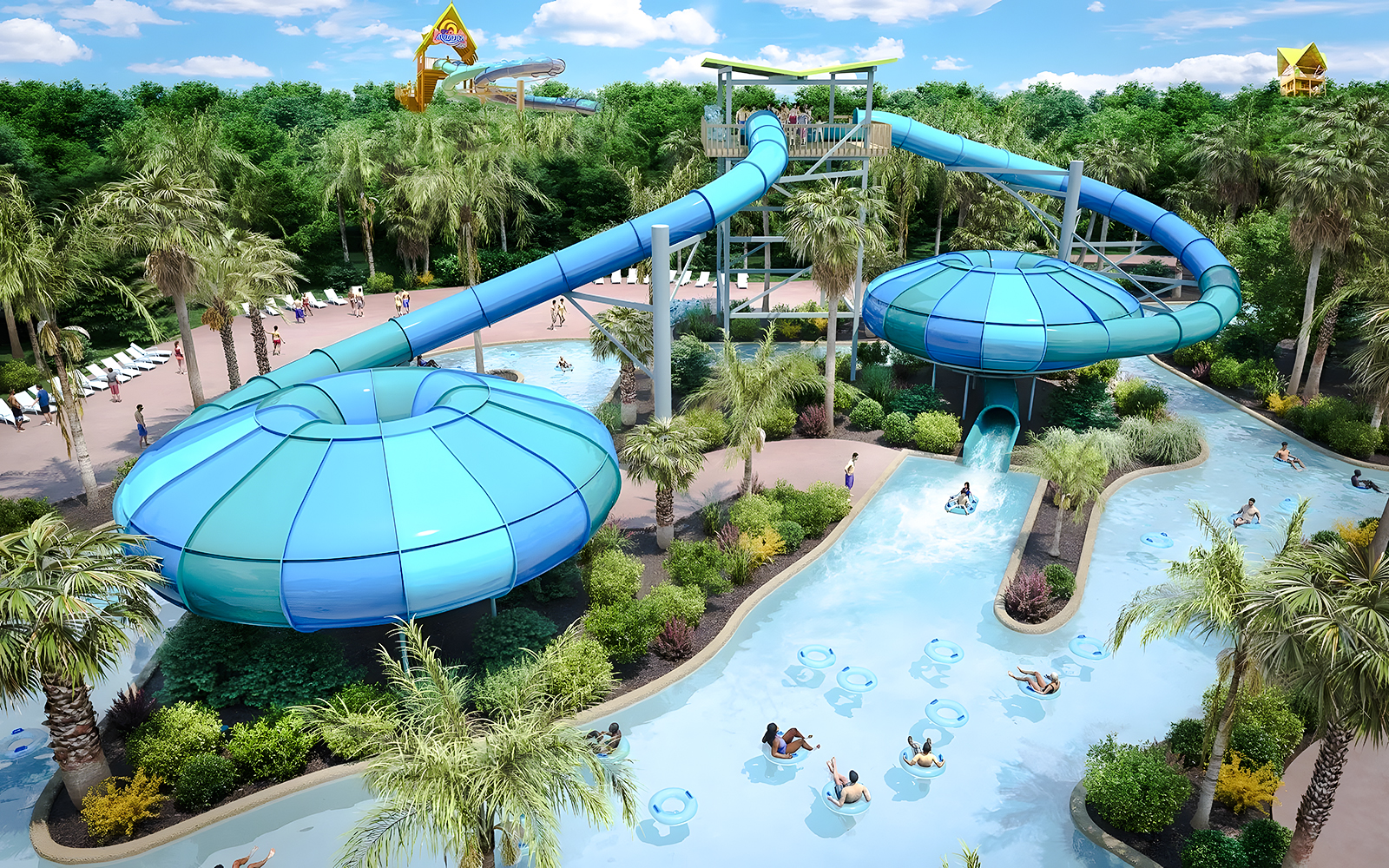 Water slide and lazy river at Aquatica Orlando with people enjoying the attractions.