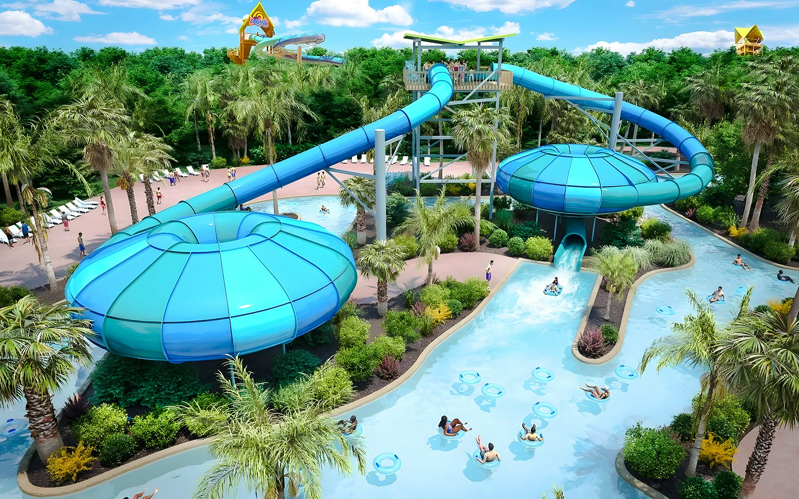 Water slide and lazy river at Aquatica Orlando with people enjoying the attractions.