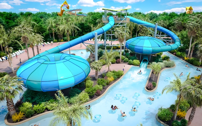 Water slide and lazy river at Aquatica Orlando with people enjoying the attractions.