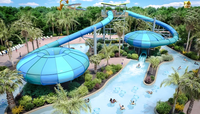 Water slide and lazy river at Aquatica Orlando with people enjoying the attractions.