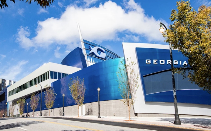 Georgia Aquarium exterior with blue and white facade in Atlanta.