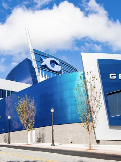 Georgia Aquarium exterior with blue and white facade in Atlanta.