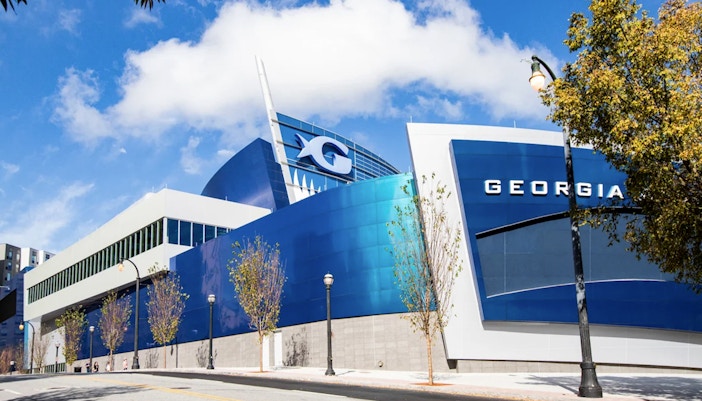 Georgia Aquarium exterior with blue and white facade in Atlanta.