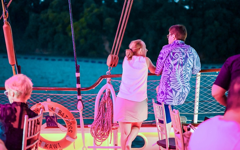 Couple enjoying the view from a cruise ship deck at sunset.