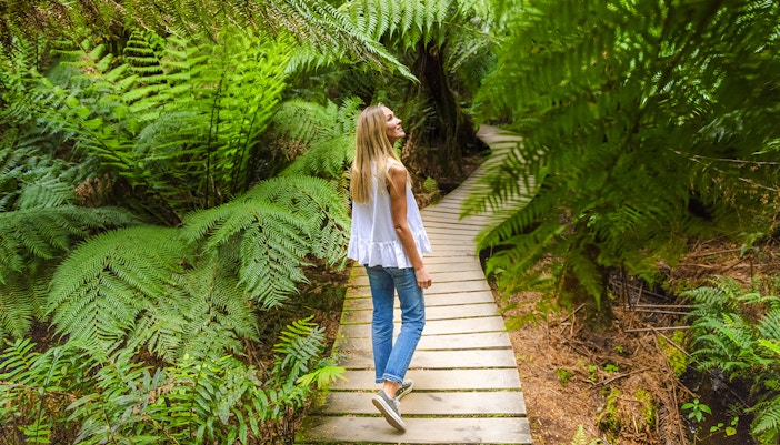 Woman walking along a forest trail at Mait's Rest in Great Otway National Park.