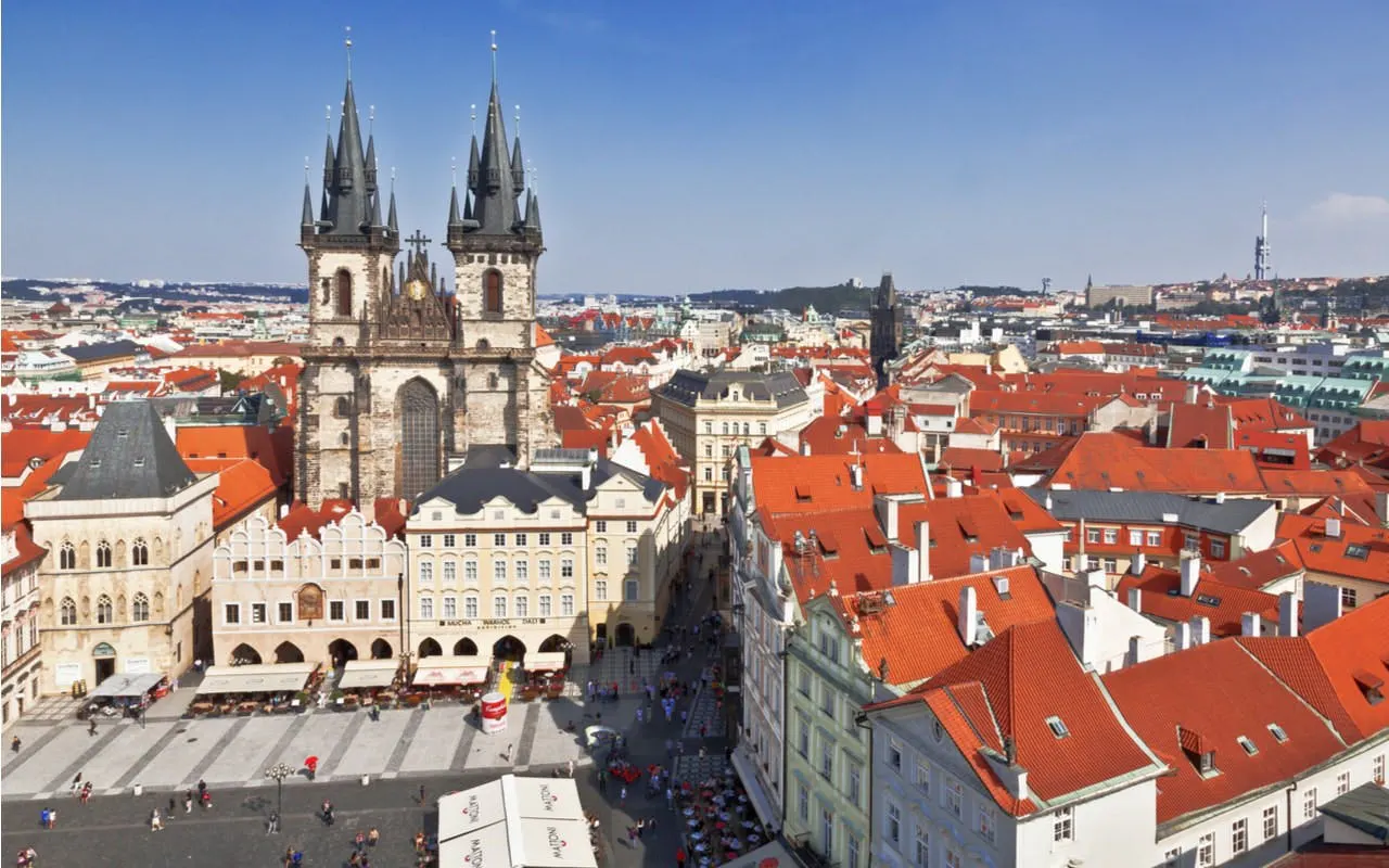 Aerial view of Prague's Old Town Square with Church of Our Lady before Týn.