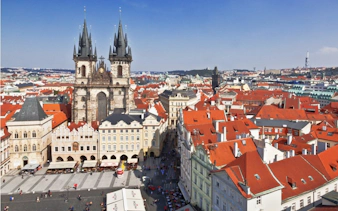 Aerial view of Prague's Old Town Square with Church of Our Lady before Týn.