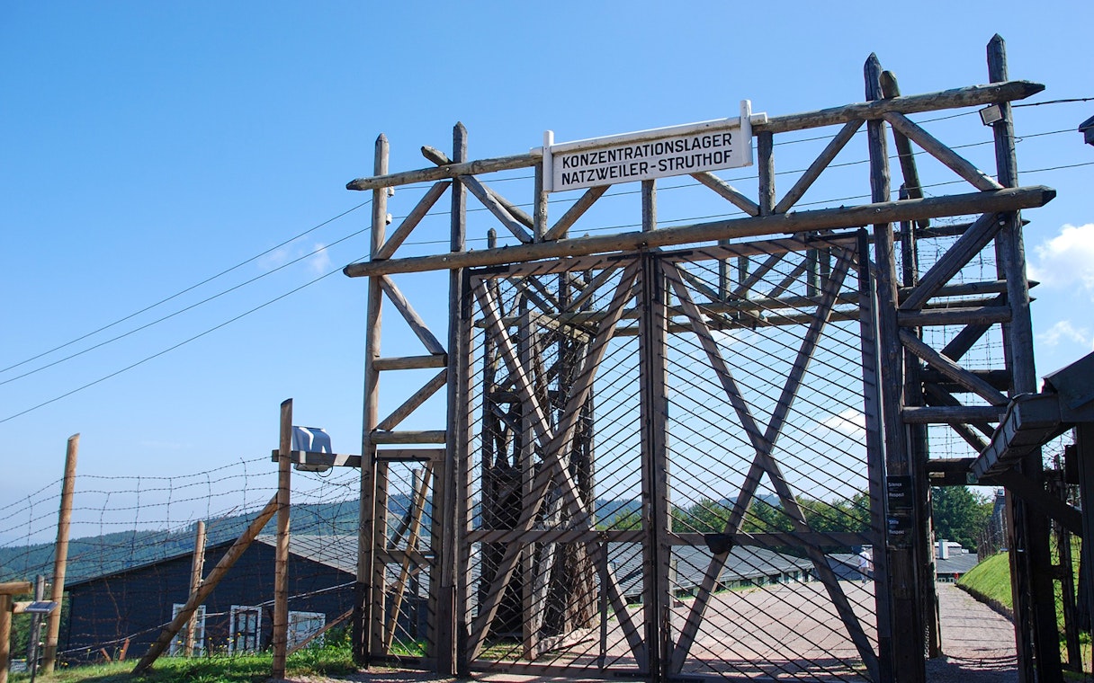Entrance gate of Stutthof Nazi Concentration Camp, part of Warsaw tour with lunch.