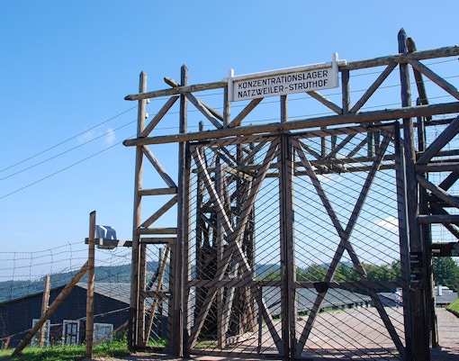 Stutthof concentration camp entrance gate during Warsaw tour with lunch.