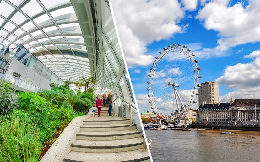 Sky Garden indoor park with lush greenery and visitors, London Eye in the background.