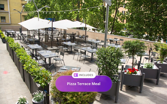 Outdoor terrace dining area with tables set for a pizza meal, Go City Rome Explorer pass.