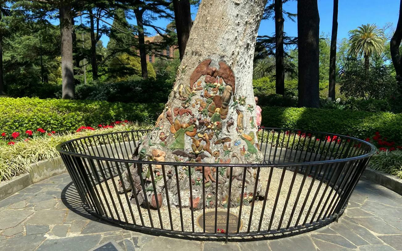 Tree trunk with intricate carvings in Fitzroy Gardens, Melbourne, surrounded by greenery and a black fence.