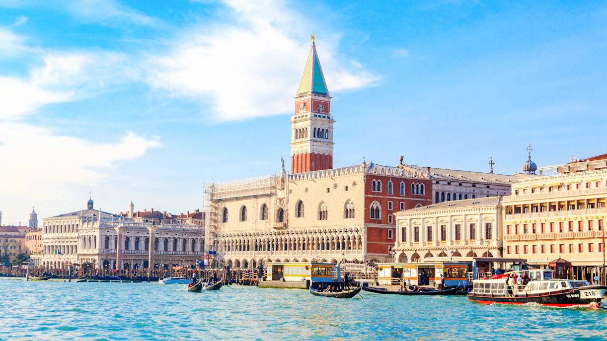 Campanile of San Marco and Doge's Palace viewed from Venice lagoon, Italy.