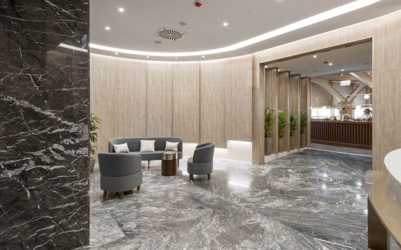 Plaza Premium Lounge seating area, Schengen Departures Terminal 1, Fiumicino Airport.