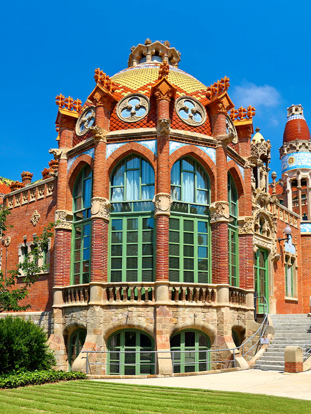 Hospital of the Holy Cross and Saint Paul facade with ornate architecture, Barcelona, Spain.
